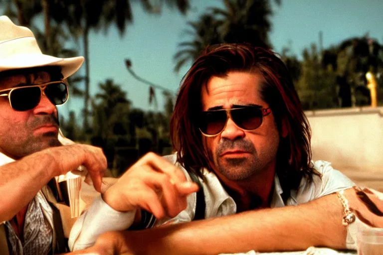 Image similar to colin farrell as raoul duke and javier bardem as dr gonzo in