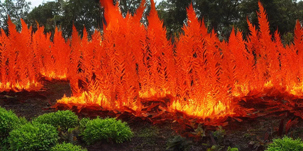 Prompt: A flaming forest , flaming leaves,Magma,flame stones are scattered, flame ferns, flame shrubs, huge flame Fantasy plant,covered in flame porcelain vine,by anthony avon