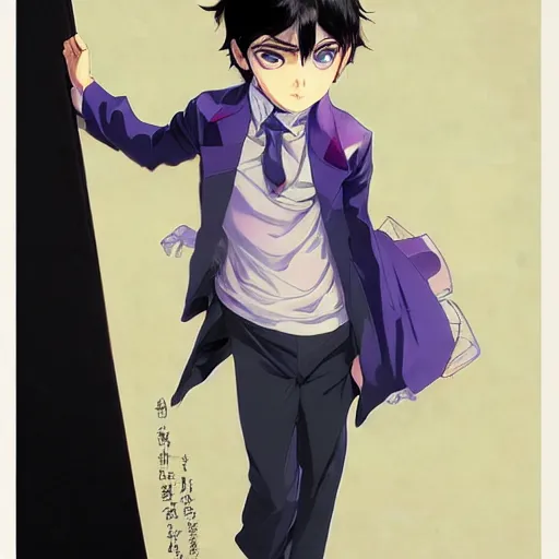 Image similar to small boy with black hair and blue purple eye, school uniform, anime style, hyper detailed, illustration, digital painting, art by artgerm and greg rutkowski and alphonse mucha, high delicate defined details, anime stylized, highly detailed, realistic, sharp focus