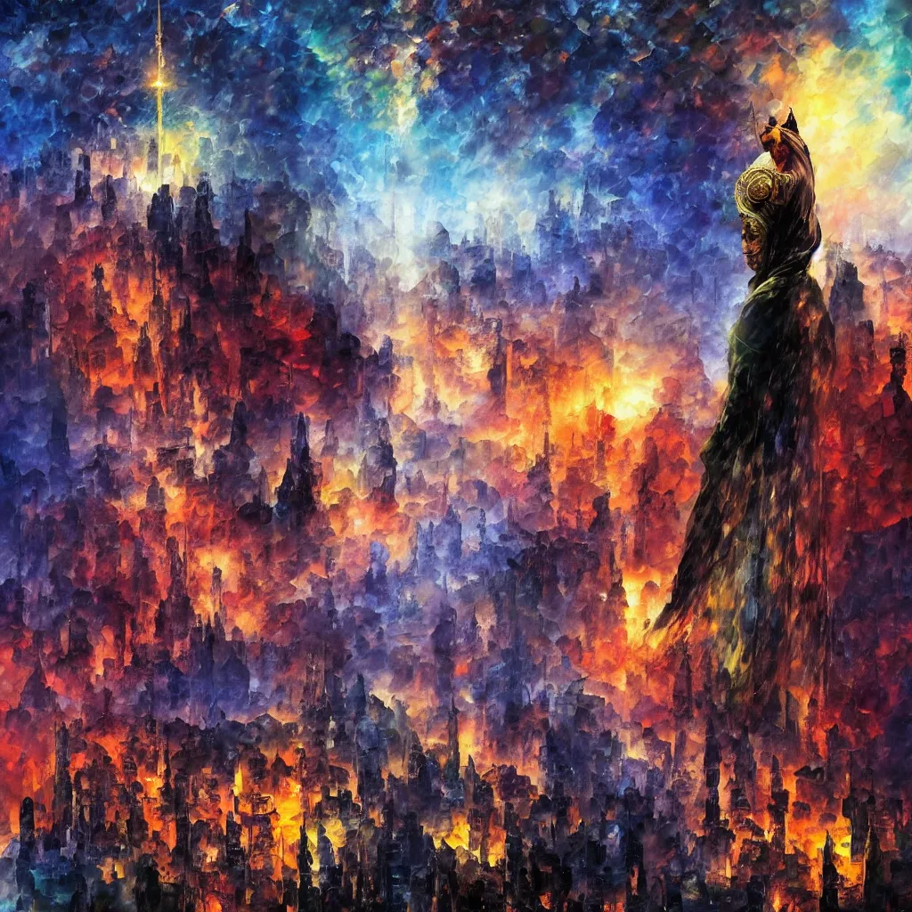 Prompt: the crowned king looking mad with anger in his eyes, looking down on the city of blood and prisms from above the mountain, night skies, dramatic light, hyperrealistic, digital art, studio portrait absurdly beautiful, elegant, graceful, wayne barlowe, leonid afremov