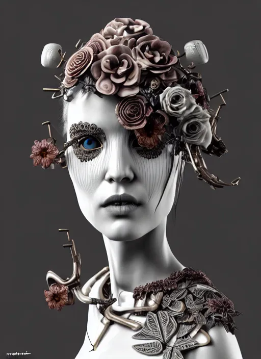 Image similar to monochrome 3 d model, steampunk biomechanical beautiful young female cyborg with porcelain profile face and a big floral eye, volumetric light, leaves foliage and stems, hibiscus flowers, boho floral vines, sinuous fine roots, fine foliage lace, alexander mcqueen, rim light, big gothic fashion pearl embroidered collar, octane render, 8 k