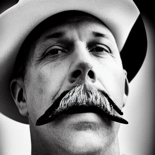 Image similar to bald man with a goatee, with the middle of his mustache shaved, wearing a usa cowboy hat, smoking a cigarette