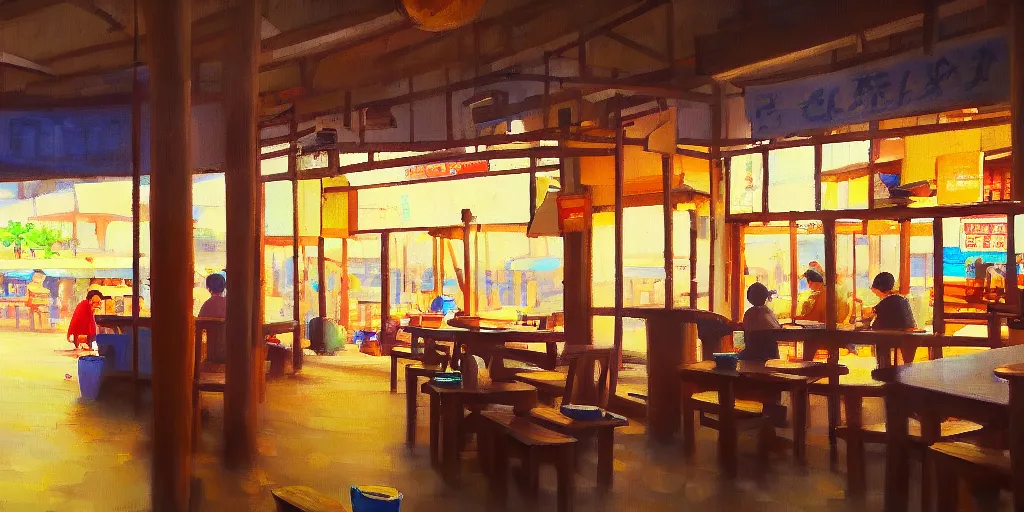 Image similar to interior of a small kopitiam at pulau indah fishing village, near a jetty, early morning, detailed ultrarealisitic painting, low angle view, telephoto lens, bokeh, studio ghibli, artstation