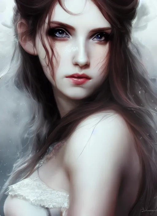 Prompt: of dark fantasy, young beautiful Amouranth, close up face portrait, medium shot, intricate, elegant, ethereal dreamy light, highly detailed, concept art, smooth, sharp focus, illustration, art by Nicola Samuri