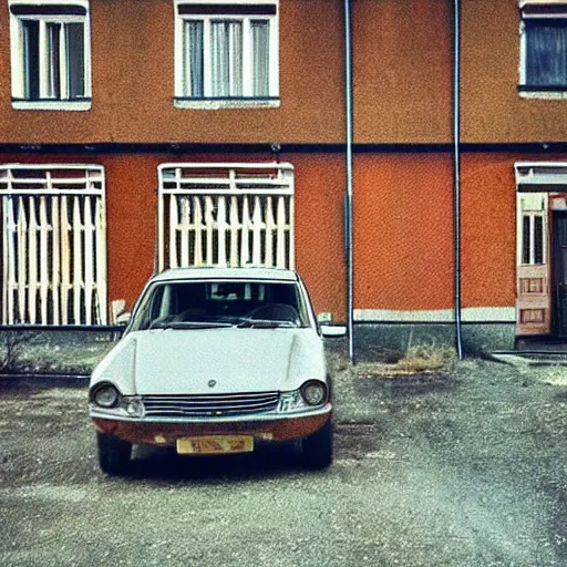 Image similar to low angle shot of right corner of russian car in soviet yard with block of flats, low grain film, masterpiece, blur, in style of william egglestone