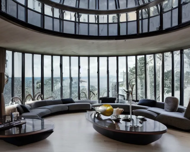 Prompt: A futuristic living room in a glass dome with curved wooden stairs going upstairs in the back of the living room, a big luxurious U-shape sofa and a luxurious table in the center of the living room, professional interior design photograph, wide angle photograph, 8k resolution, hyper detailed