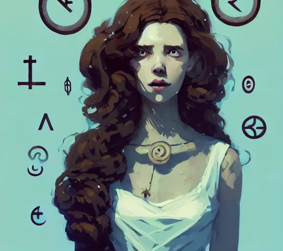 Prompt: portrait woman with long ginger curly hair, dress with runes, by atey ghailan, by greg rutkowski, by greg tocchini, by james gilleard, by joe fenton, by kaethe butcher, by ashley wood, dynamic lighting, gradient light blue, brown, blonde cream and white color scheme, grunge aesthetic