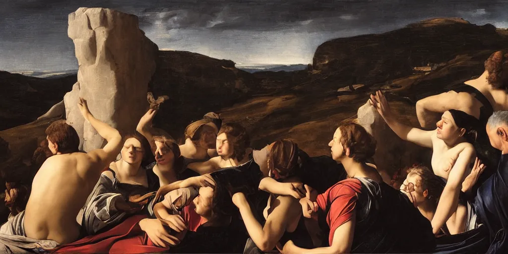 Image similar to beautiful oil matte portrait painting, people looking into the sky at the edge of a cliff watching the stars, wonderful masterpiece highly detailed, beautiful cinematic light deep focus, elegant, digital painting, smooth, sharp focus, golden ratio, dramatic illumination, ultra realistic, 8 k, art by artemisia lomi gentileschi and caravaggio