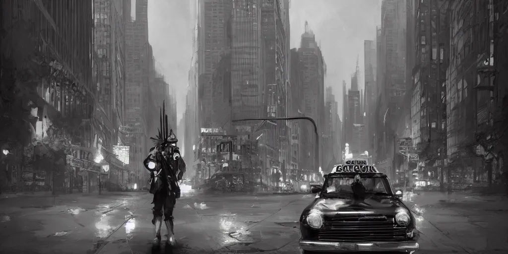 Image similar to cartoonish taxi through the streets of chicago, night time, noir film, character sheet, fine details, concept design, contrast, kim jung gi, greg rutkowski, trending on artstation, 8 k, full body, turnaround, front view, back view, ultra wide angle