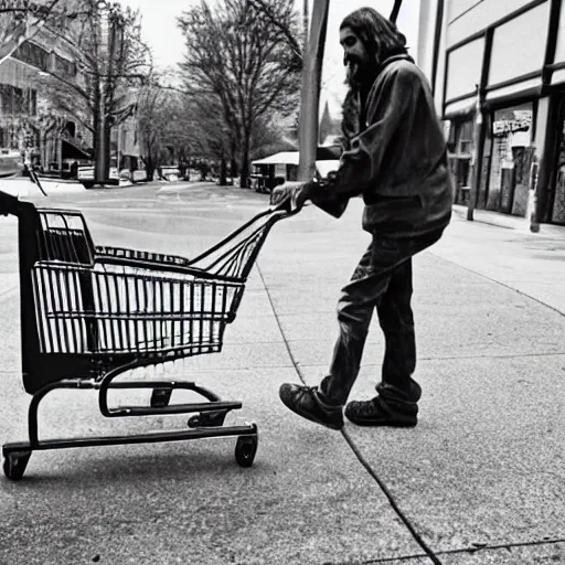 Image similar to a photograph of homeless jesus pushing a shopping cart