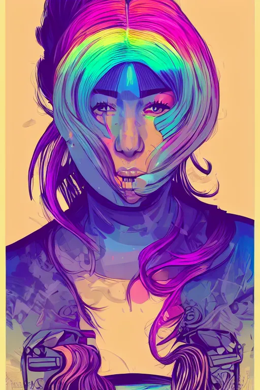 Image similar to a award winning half body portrait of a beautiful woman with stunning eyes in a printed croptop and cargo pants with rainbow colored ombre hairstyle head in motion and hair flying by josan gonzales, outrun, vaporware, shaded flat illustration, digital art, trending on artstation, highly detailed, fine detail, intricate