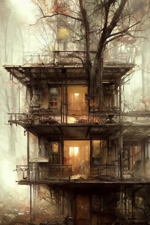 Image similar to (((((a ramshackle manhattan brick brownstone deep in the forest))))) by Bastien Lecouffe Deharme!!!!!!!!!!!!!!!!!!!!!!!!!!!