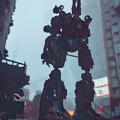 Image similar to six feet tall mech fighting in an urban environment, by gaudi, by ismail inceoglu, octane render, by weta digital, cinematic lighting, bump mapped, lumen reflections, action scene screenshot, epic scale, trending on artstation