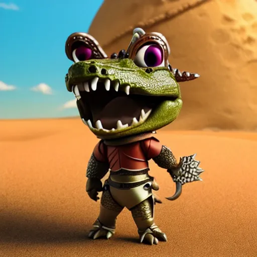 Image similar to antropomorphic medieval knight crocodile warrior as nendoroid walking in a desert in the croods movie style, anime, disney, pixar, 8 k, hd, dof, kodak film, volumetric lighting, subsurface scattering, photorealistic, octane render, details