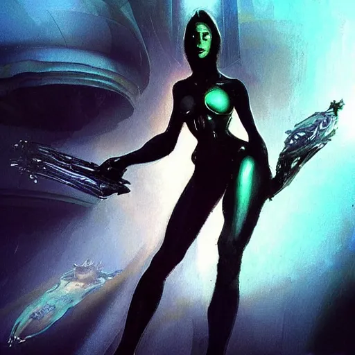 Image similar to “realistic picture of a woman goddess matrix cyberpunk alien divine deity in the style of Peter Andrew Jones”