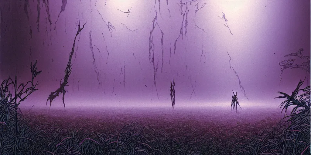 Prompt: grainy risograph matte painting, gigantic huge evangelion - like mech covered with wounds, black, a lot of exotic vegetation, trees, flowers, tall grass, pastel matte colors, staying in the foggy huge dark night forest covered with web and cotton and a lot of glow - worms, by moebius, hyperrealism, intricate detailed