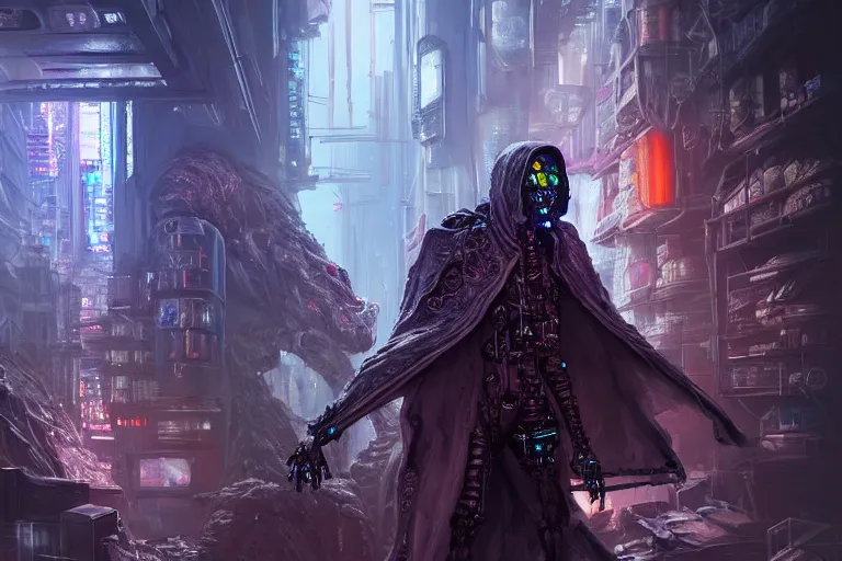 Prompt: ultra realistic illustration, a futuristic cyberpunk damaged necromancer cyborg wearing a cloak working on creating magical potions in an underground lair, hot potions in vials in background, rotting creatures on the shelf, cyberpunk, sci - fi, fantasy, intricate, elegant, highly detailed, digital painting, artstation, concept art, sharp focus, art wadim kashin