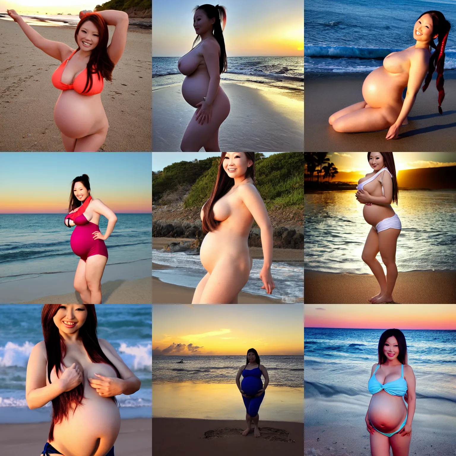 Image similar to hitomi tanaka with biggest pregnancy ever, hair in pigtails, swimsuit at the beach at sunset, standing sideways, full body view, realistic photo, smiling