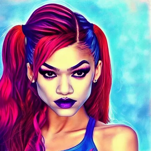 Prompt: “Zendaya, beautiful, like Harley Quinn, highly detailed, photorealistic portrait”