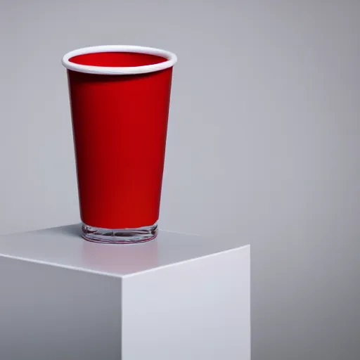 Prompt: an ultra high definition professional studio quality photograph of a transparent glass cubist red cup on a white plinth in an empty white room. dramatic lighting, shallow d. o. f, colour corrected, equidistant, three point light.