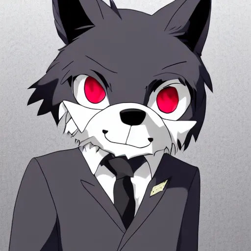 Image similar to key anime visual professional art of a close shot of an anthropomorphic black male wolf anthro furry fursona, wearing a business suit, handsome male eyes, anime office background, official anime still