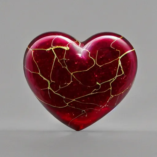 Prompt: a very beautiful human heart shaped glass organic sculpture made of cracked crimson glass with shiny gold kintsugi. fill light, studio lighting, high resolution, high quality, very detailed