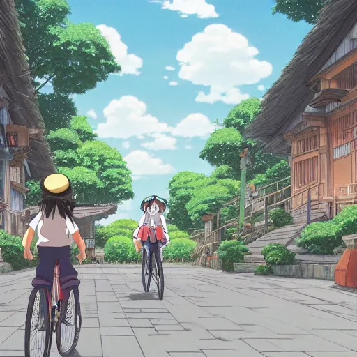 Image similar to anime girl riding bicycle in highly detailed japanese suburb, studio ghibli style, by hayao miyazaki, sharp focus, highly detailed, 4k