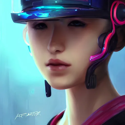 Image similar to closeup of a young cyberpunk samurai lady wearing a visor, digital painting, anime style, Artstation, by Artgerm