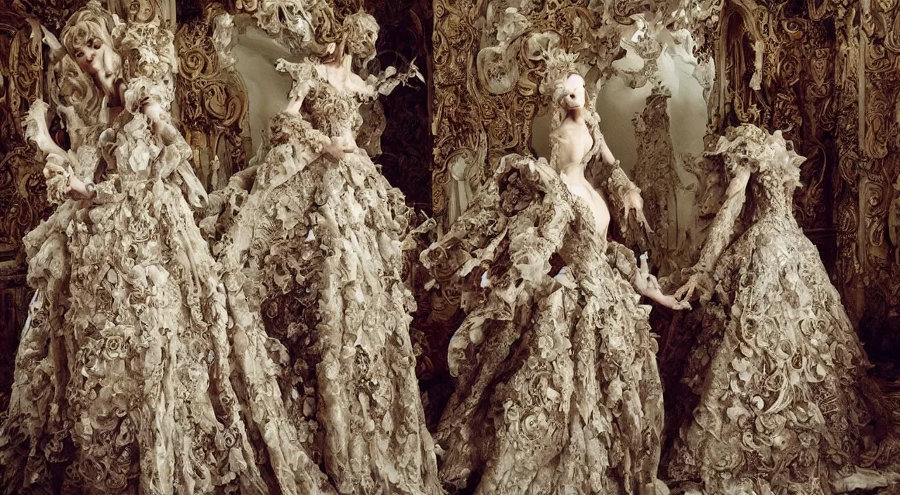 Image similar to fashion design inpired by fairy tale, for dragon queen, designed by alexander mcqueen, rococo