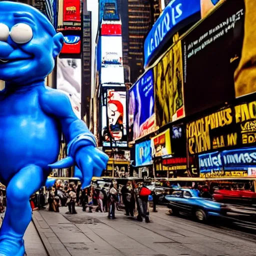 Image similar to a photograph of a very detailed renaissance sculpture of walter white as a smurf in times square, made by michelangelo, from the distance, hyper detailed, sharp focus, 8 k resolution, ray tracing