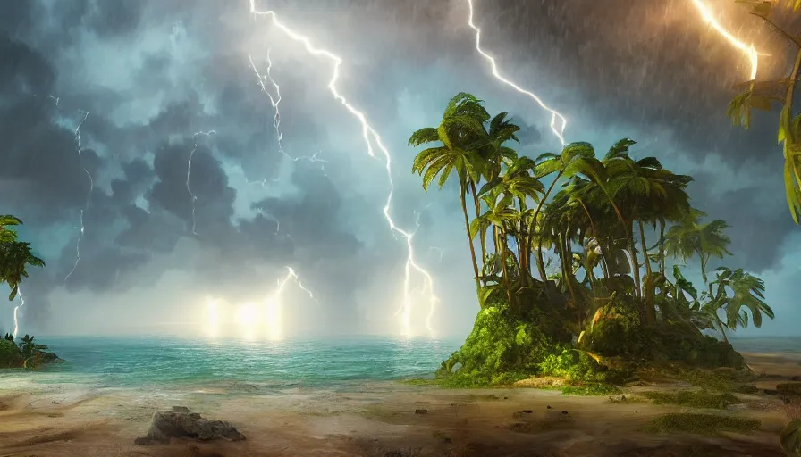 Prompt: Tropical island under the storm with lightning, hyperdetailed, artstation, cgsociety, 8k