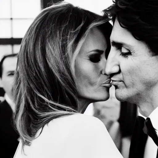 Image similar to “Melania Trump wearing bikini kissing Justin Trudeau, 50mm photograph”
