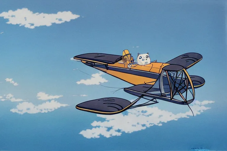 Prompt: tuxedo cat in a pilot cap flying a biplane over a tropical archipelago, morning sunrise, clouds, beautiful, summer, calm, studio ghibli, art by hayao miyazaki, makoto shinkai