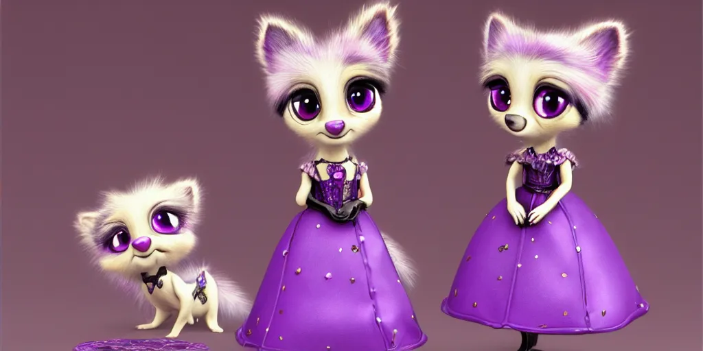 Prompt: 3 d purple littlest pet shop purple raccoon, vintage gothic gown, gumball machine, real fur, smiling, lace, master painter and art style of noel coypel, art of emile eisman - semenowsky, art of edouard bisson