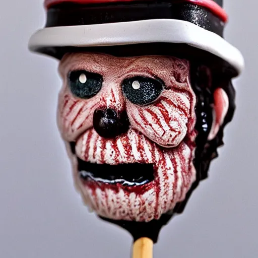 Image similar to freddy kruger face on an ice cream with a stick, realistic photography, high detailed