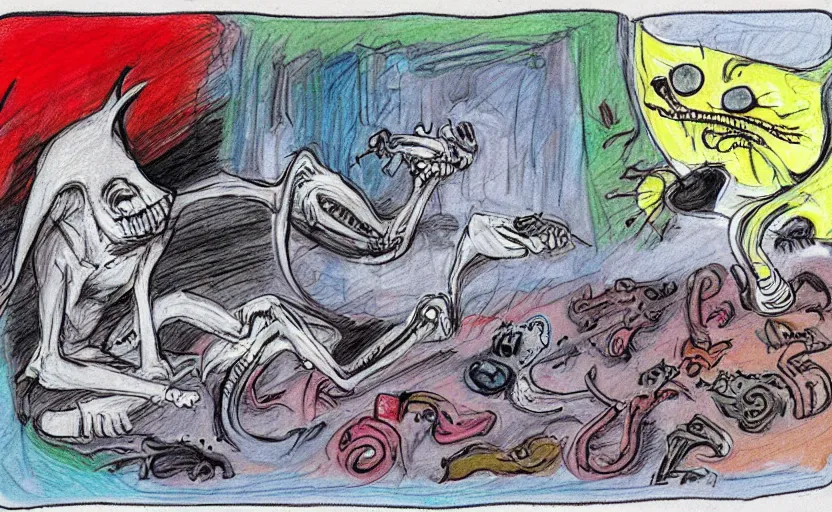 Image similar to a deep funny and gross comic by bill plympton about cats and xenomorphs, crayon, multicolor sketch