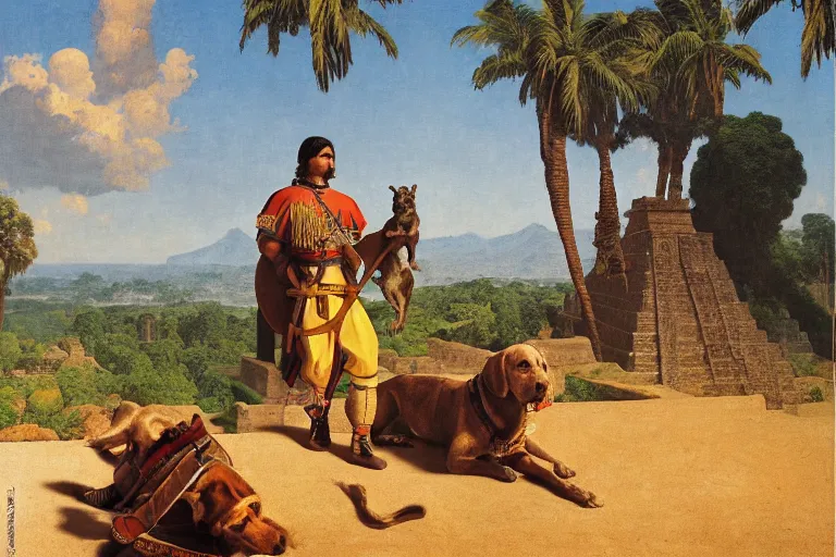 Prompt: painting of a spanish conquistador with a dog, at the aztec pyramids, jungle, sunset, chill, romantic, by ludwig deutsch and maxfield parrish, patterned tilework, extremely detailed, cinematic lighting, smooth sharp focus