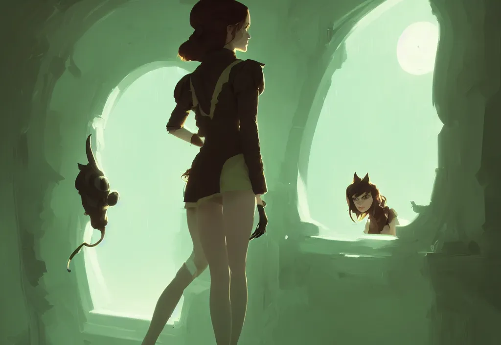 Image similar to emma watson as evil catgirl in the oval cabinet, fantasy, by atey ghailan, by greg rutkowski, by greg tocchini, by james gilleard, by joe gb fenton, dynamic lighting, gradient light green, brown, blonde cream, salad and white colors in scheme, grunge aesthetic