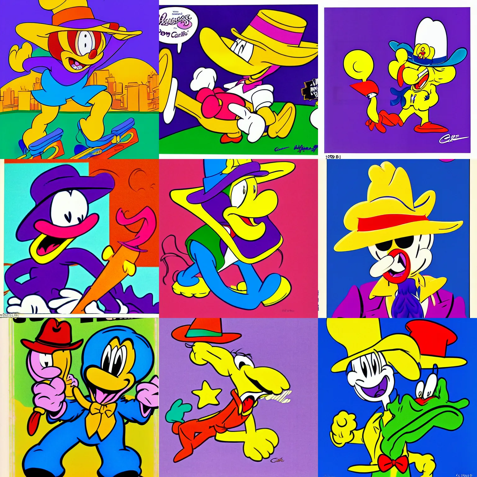 Prompt: 1990's childrens cartoon cereal mascot resembling a purple alligator cowboy salesman art by carl barks, art by walt disney, art by chuck jones