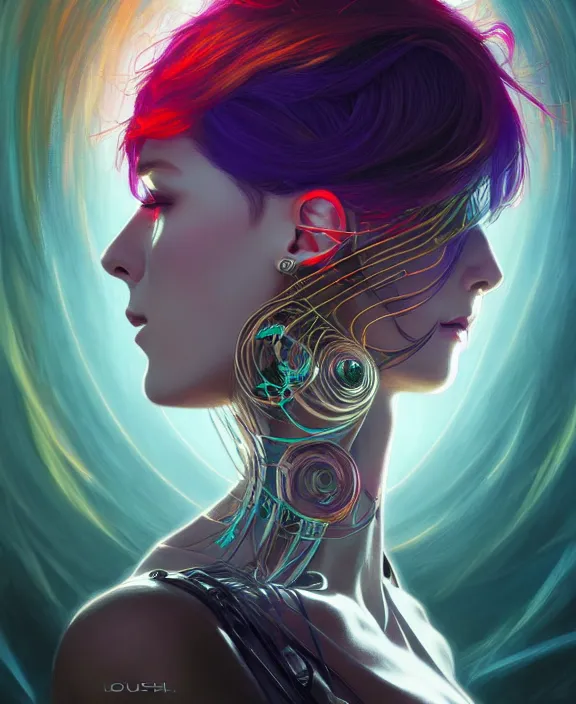 Image similar to a whirlwind of souls rushing inside the metaverse, half body, jewelry, fashionable haircut, android, cyborg, cyberpunk face, by loish, d & d, fantasy, intricate, elegant, highly detailed, colorful, vivid color, digital painting, artstation, concept art, art by artgerm and greg rutkowski and alphonse mucha