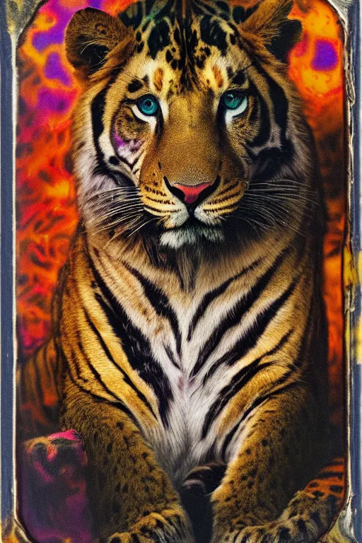 Prompt: damaged lisa frank daguerreotype, muted colours, detailed psychedelic gothic feline portrait of lion headed demonic chaos god in the service of Slaanesh , tiger stripes, leopard spots