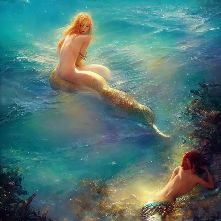 Prompt: glimmering mermaid relaxing beach, dolphins, golden hour, god rays, coral reef, dreamscape by artgerm and ruan jia and ismail inceoglu and greg olsen, cosmos, milky way galaxy, masterpiece, beautiful, intricate, elegant, highly detailed