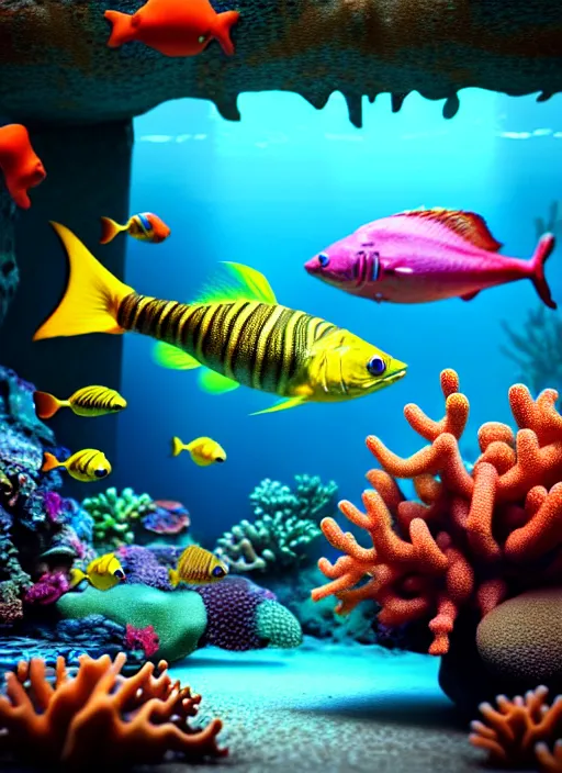 Image similar to hyperrealism, detailed textures, photorealistic 3 d render, an underwater scene with brightly coloured fish & coral, ultra realistic, ultra high pixel detail, cinematic, intricate, cinematic light, octane render, concept art, illustration, art station, unreal engine 8 k