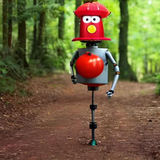 Image similar to cute robot wearing a tomato hat and a walking stick, trekking in a forest, pixar style