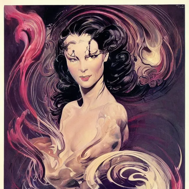 Image similar to portrait of a woman with swirling hair and fractal skin by frank frazetta, retrofuturism, psychedelic art reimagined by industrial light and magic