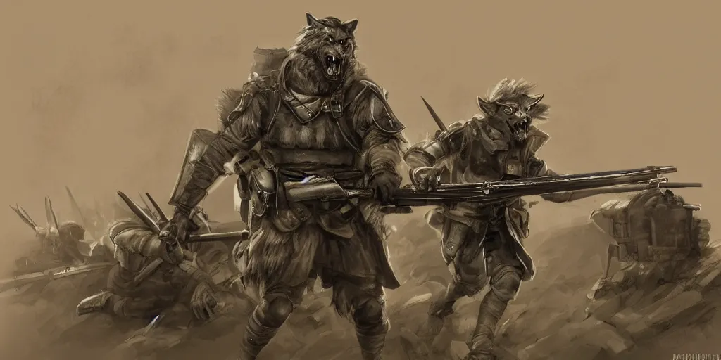 Image similar to concept art of a high fantasy ww1 werewolf soldier using a bazooka trending on artstation, detailed high resolution