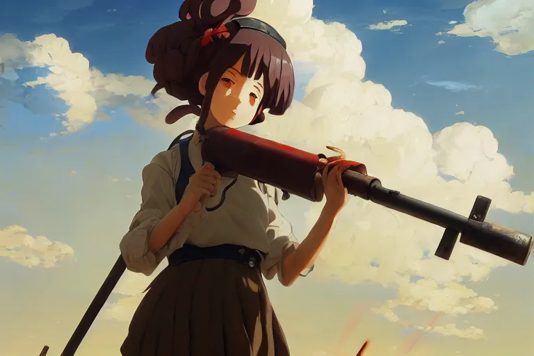 Image similar to baroque oil painting of anime key visual concept art of anime maid operating mortar 1 9 4 0 trenches colorized, trending on artstation, palette knife and brush strokes, oil on canvas, makoto shinkai greg rutkowski studio ghibli