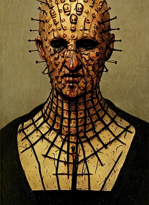 Prompt: portrait of medieval Pinhead from Hellraiser (1986) painted by hieronymus bosch, detailed digital art, trending on Artstation