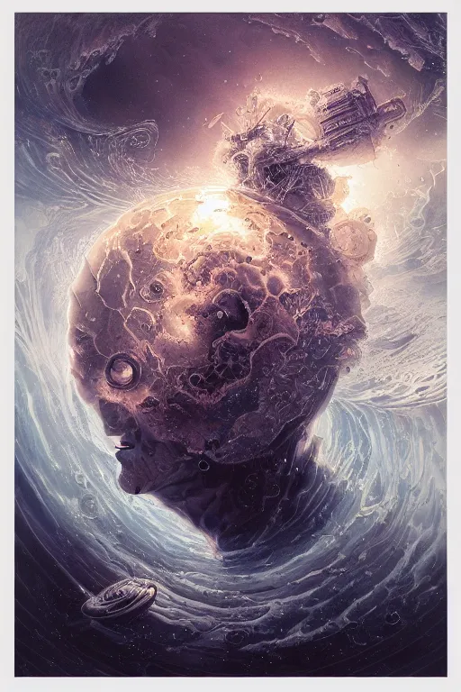 Image similar to close up shot of an astronaut portrait fading into the aether, water elemental, james gurney, peter mohrbacher, mike mignola, black paper, mandelbulb fractal, trending on artstation, exquisite detail perfect, hyper detailed, intricate ink illustration, black background