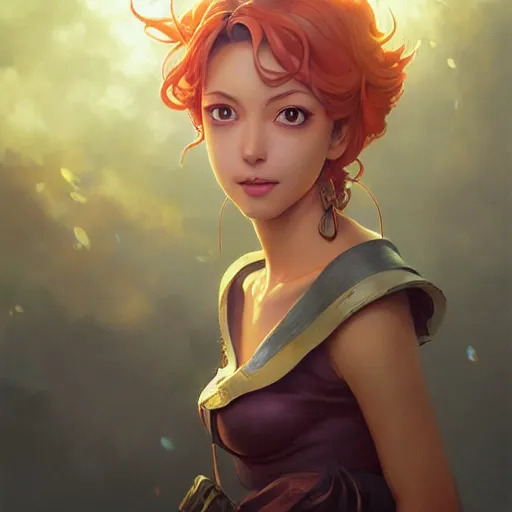 Image similar to highly detailed vfx portrait of nami by eiichiro oda!, stephen bliss, greg rutkowski, loish, rhads, beeple, makoto shinkai, tom bagshaw, alphonse mucha, sharp focus, art by artgerm and greg rutkowski, stanley kubrick, backlit, harsh overhead sunlight,